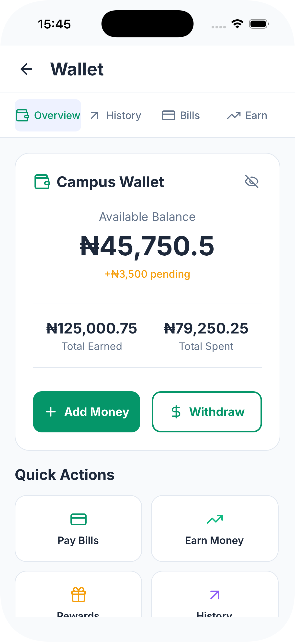 Wallet & Bills screen